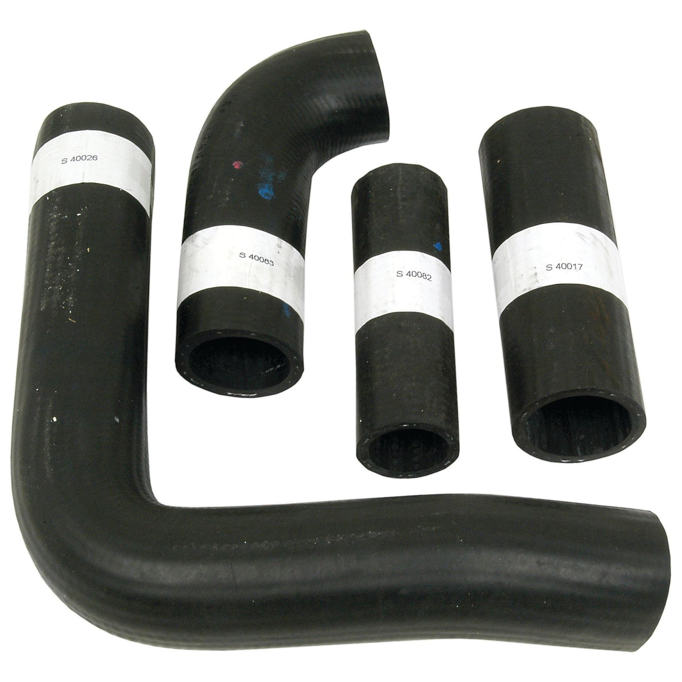 Four black rubber hoses of varying lengths and shapes are shown, each with white labels. These high-quality Sparex Hose Set (Part No. S.43007) hoses are perfect for Massey Ferguson MF135 tractors and are Sparex-approved for durability and performance.