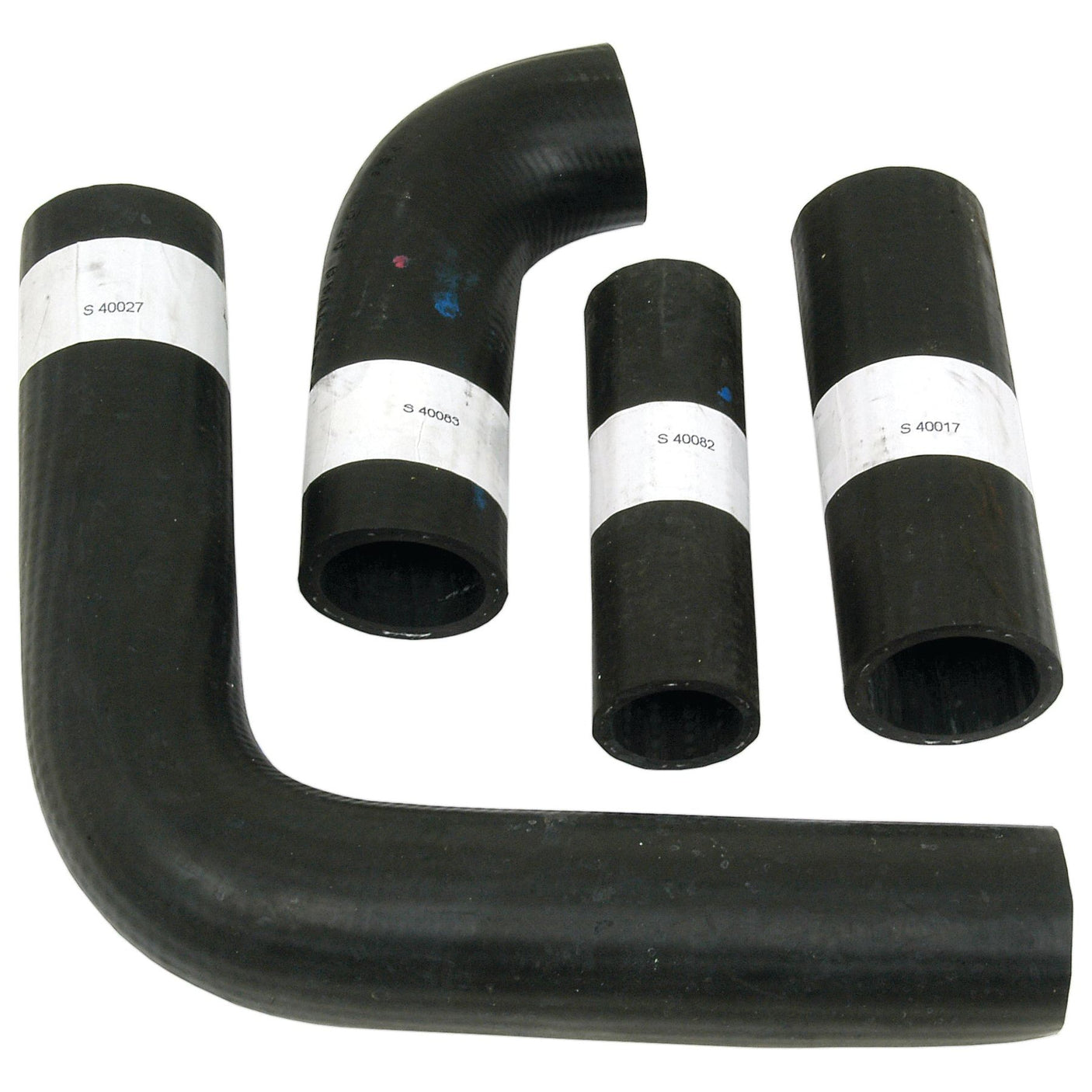 The Hose Set by Sparex, Part No. S.43008, includes four black hose fittings with white labels showcasing different model numbers—comprising three straight tubes and one curved elbow tube—which are displayed against a white background and are ideal for Massey Ferguson 135 or MF135 models.