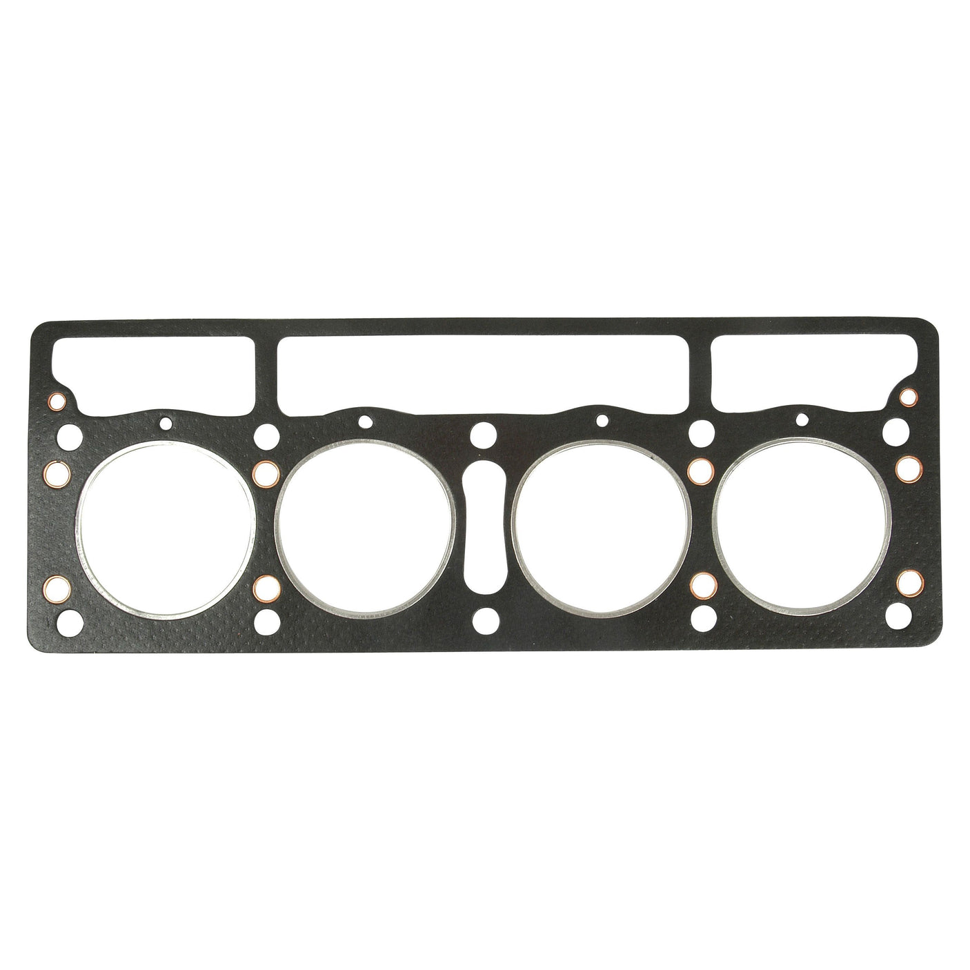 A black Sparex Head Gasket - 4 Cyl. (TE20 Petrol) designed for a Perkins TE20 petrol engine, featuring four circular openings for a 4 cylinder configuration and several smaller holes for fluid passage, is available under Sparex Part No.S.43009.