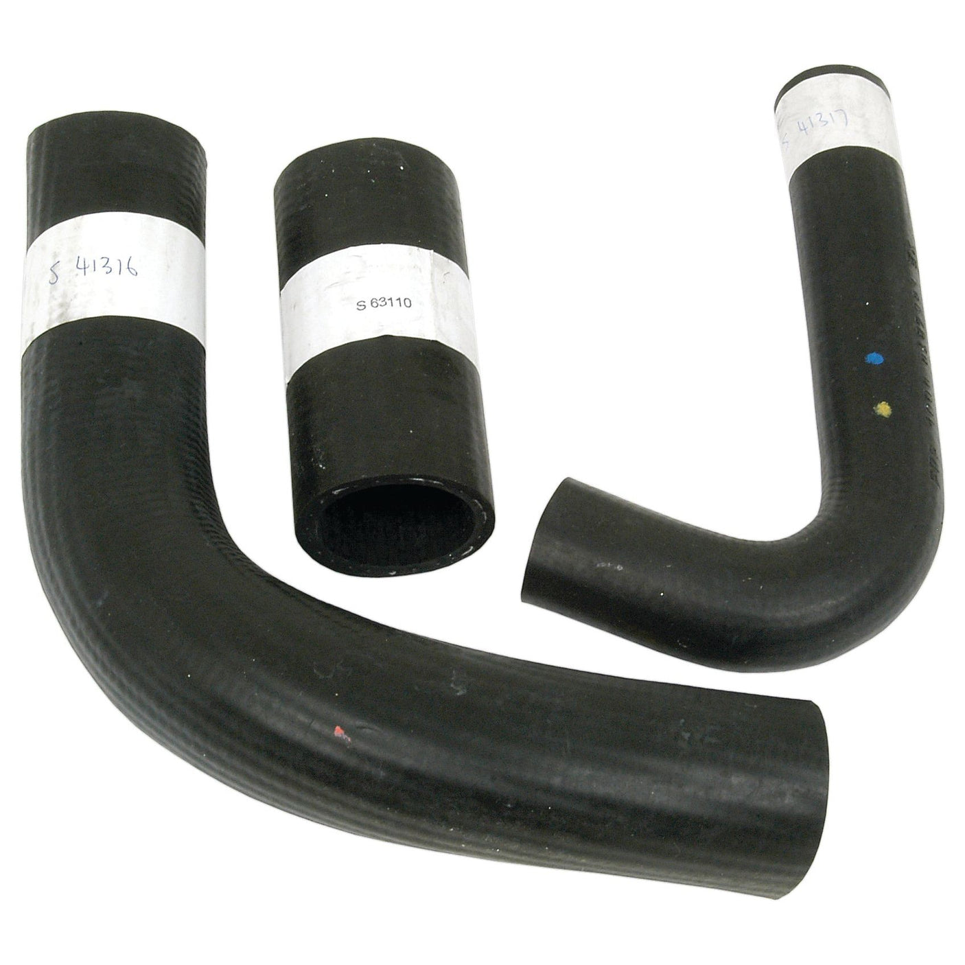 Three black hoses from the Sparex Hose Set (Part No. S.43012) of varying lengths and shapes, including both curved and straight pieces, each with white labels attached.