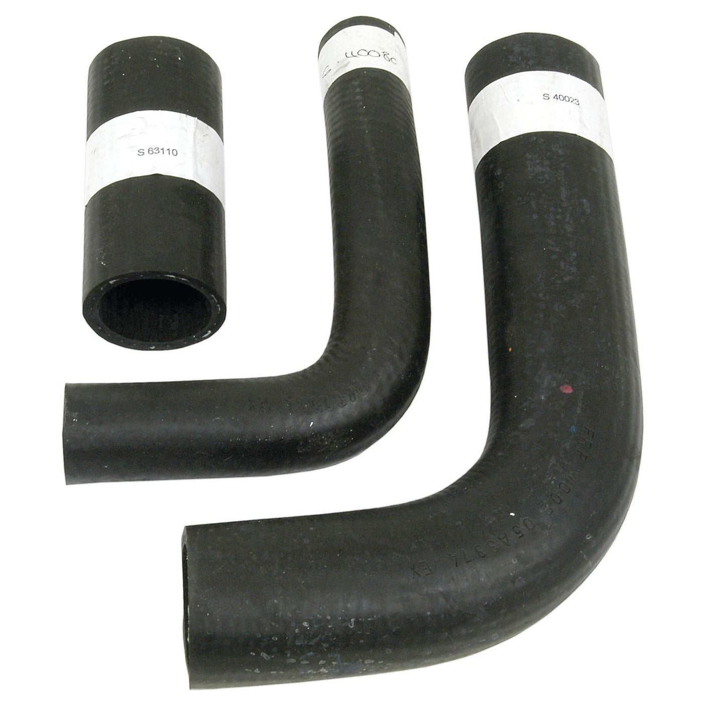 Three black rubber hoses of varying lengths and shapes, each labeled with a white identification sticker. The Hose Set (Sparex Part No. S.43013) from Sparex is ideal for maintaining your Massey Ferguson TEF20 tractor.