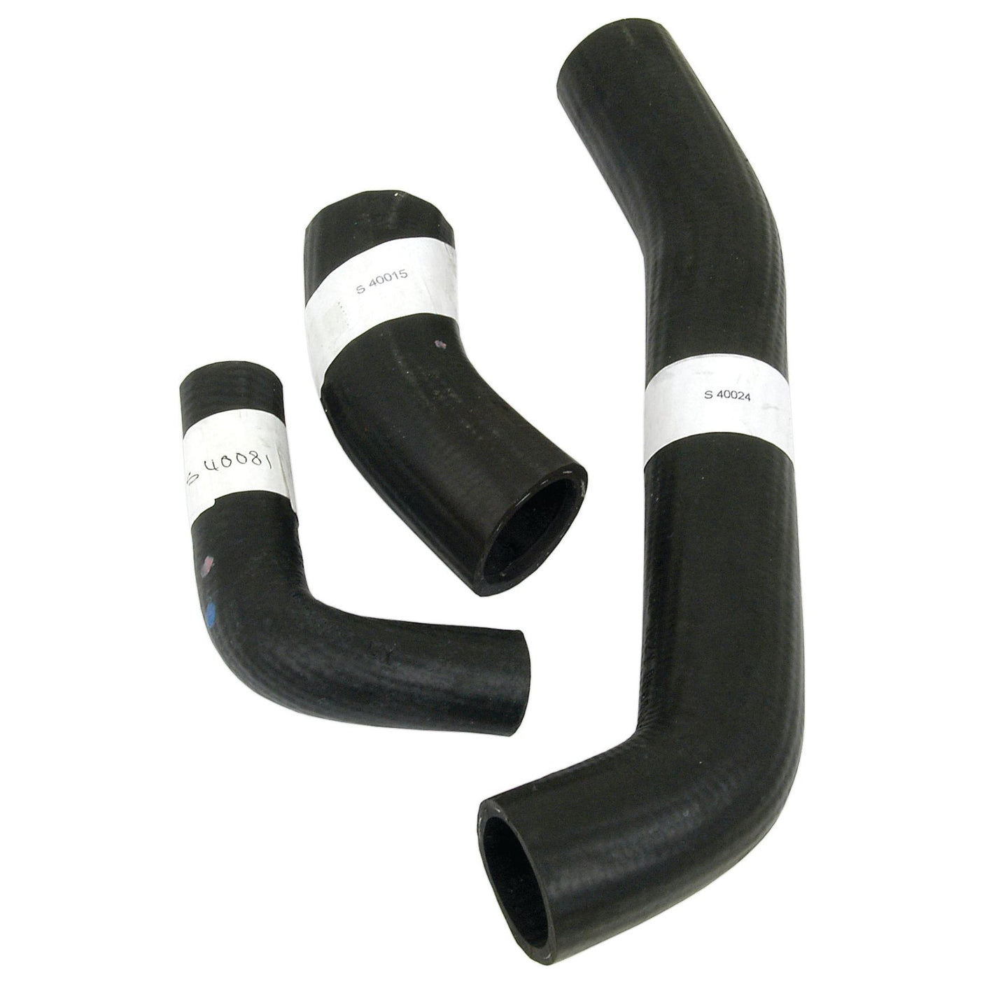 Here is a revised version of the sentence:

Three black rubber hoses of varying lengths and angles, each with a white label wrapped around it. These sturdy rubber hoses, ideal for Massey Ferguson FE35 tractors, are sold as the Hose Set (Sparex Part No. S.43014) and manufactured by Sparex to meet high-quality standards.