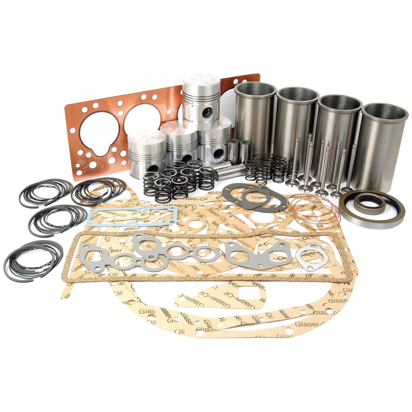 A variety of engine parts, including piston rings, gaskets, valves, and cylinder liners from the Sparex Engine Overhaul Kit with Valve Train (Finished) - S.43020 are arranged on a white background.