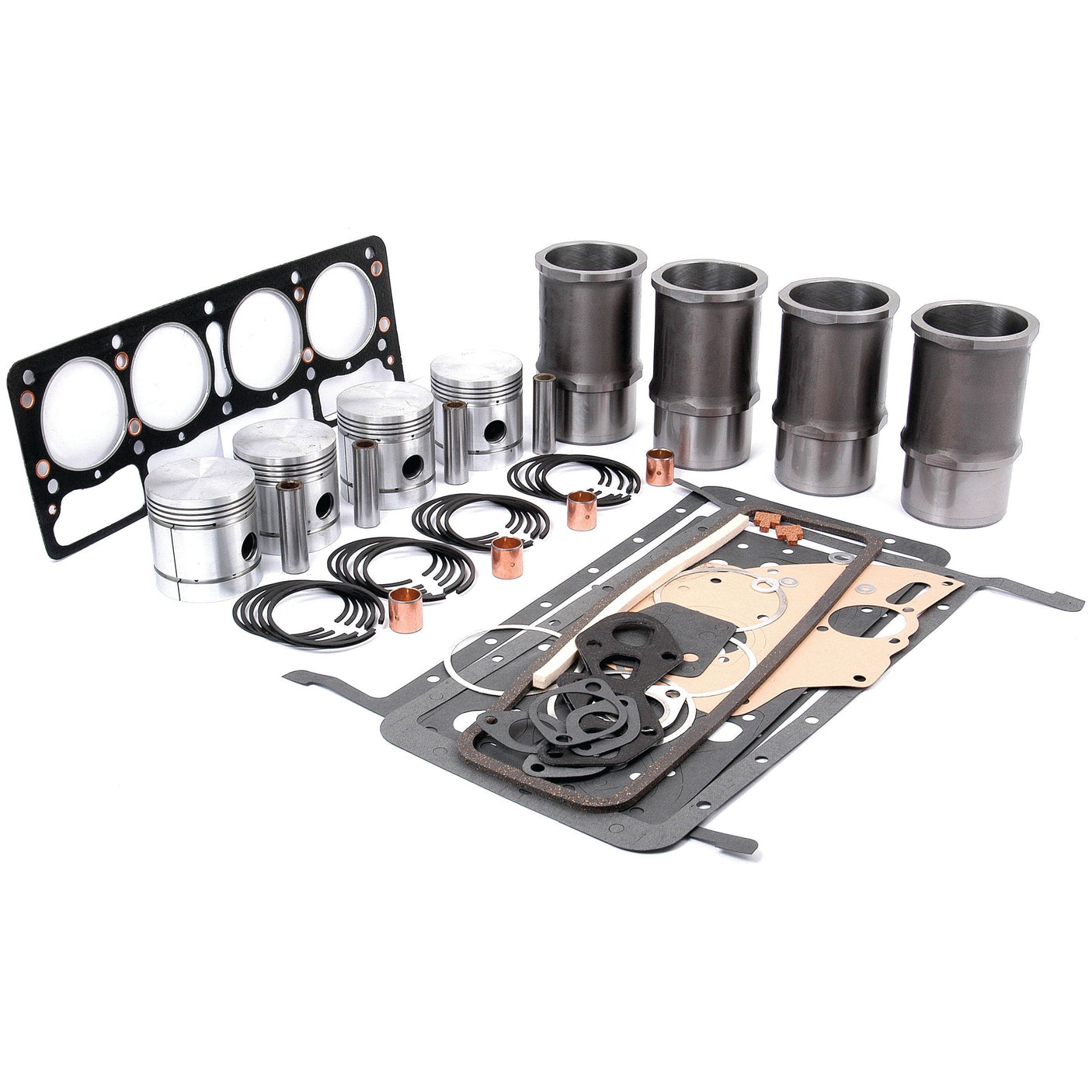 A comprehensive Engine Overhaul Kit without Valve Train (Finished) - S.43021 from Sparex, featuring pistons, cylinder liners, gaskets, and various small parts meticulously arranged on a white background.