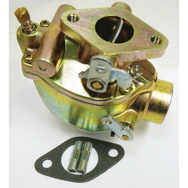 A Sparex Carburettor (Sparex Part No.S.43061) with a gasket and two bolts, ideal for a Massey Ferguson tractor, rests elegantly on a white background.