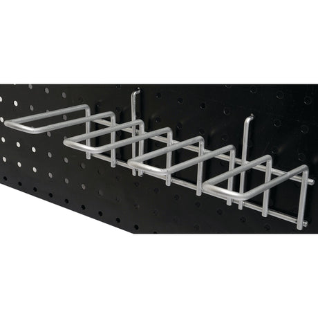 The DISPLAY-TOW BALL 4 FINGERS, Sparex Part No.S.4307, by Sparex is securely mounted on a perforated black pegboard using a sturdy metal bracket with a rectangular grid pattern.