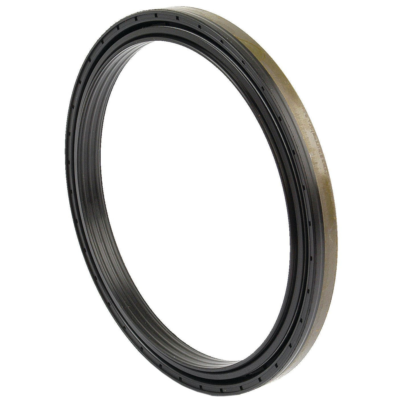 The Sparex Metric Rotary Shaft Seal, 165 x 195 x 17mm (Sparex Part No. S.43099), features a black and brown circular design and is pictured from an angle against a white background. Ideal for various applications, including Massey Ferguson machinery, this seal ensures optimal performance and durability.