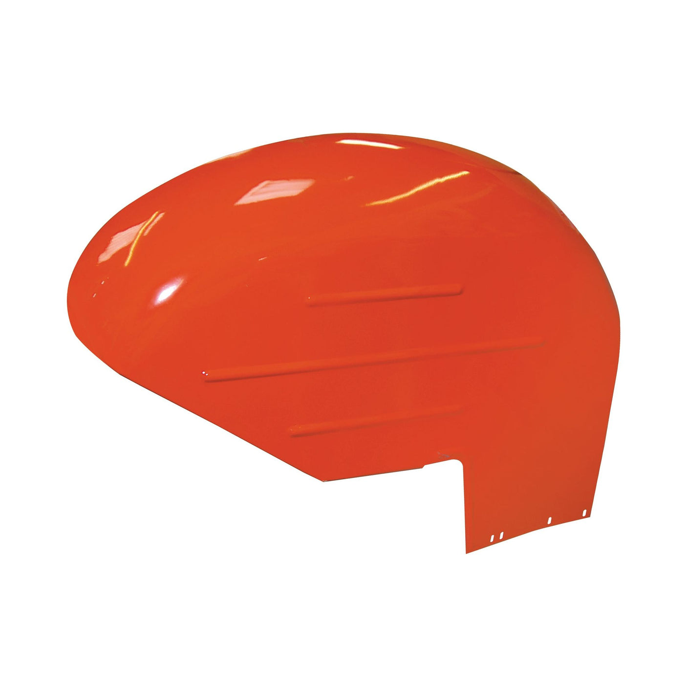 A glossy orange Fender - LH - S.43104 from Sparex, with a curved design resembling an elegant shell and featuring mounting holes at the bottom edge.