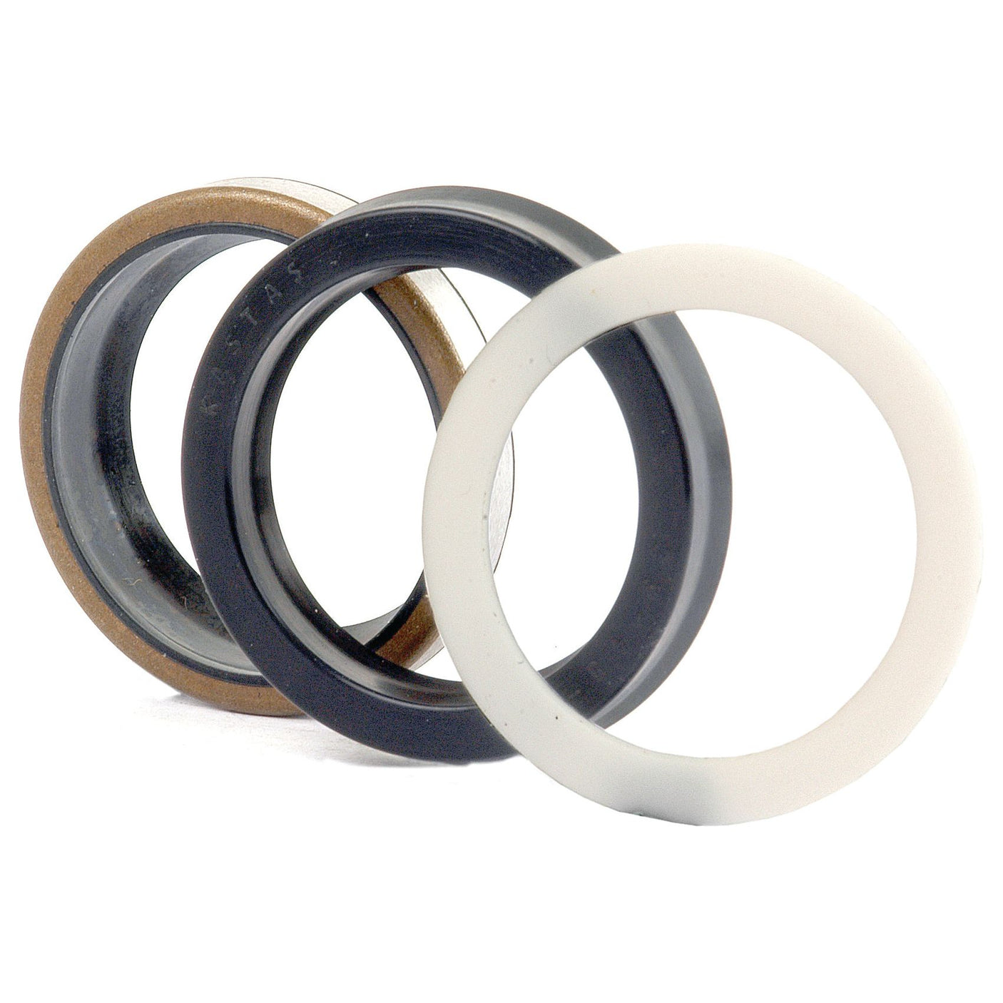 Three circular rubber seals of different colors—one beige, one black, and one white—are arranged in a slightly overlapping manner and are suitable for use in hydraulic lift cylinders. These seals are compatible with Massey Ferguson machinery and meet Sparex quality standards. Included in the Seal Kit (Hydraulic Lift Cylinder), they can be identified by Sparex Part No. S.43106 from the brand Sparex.