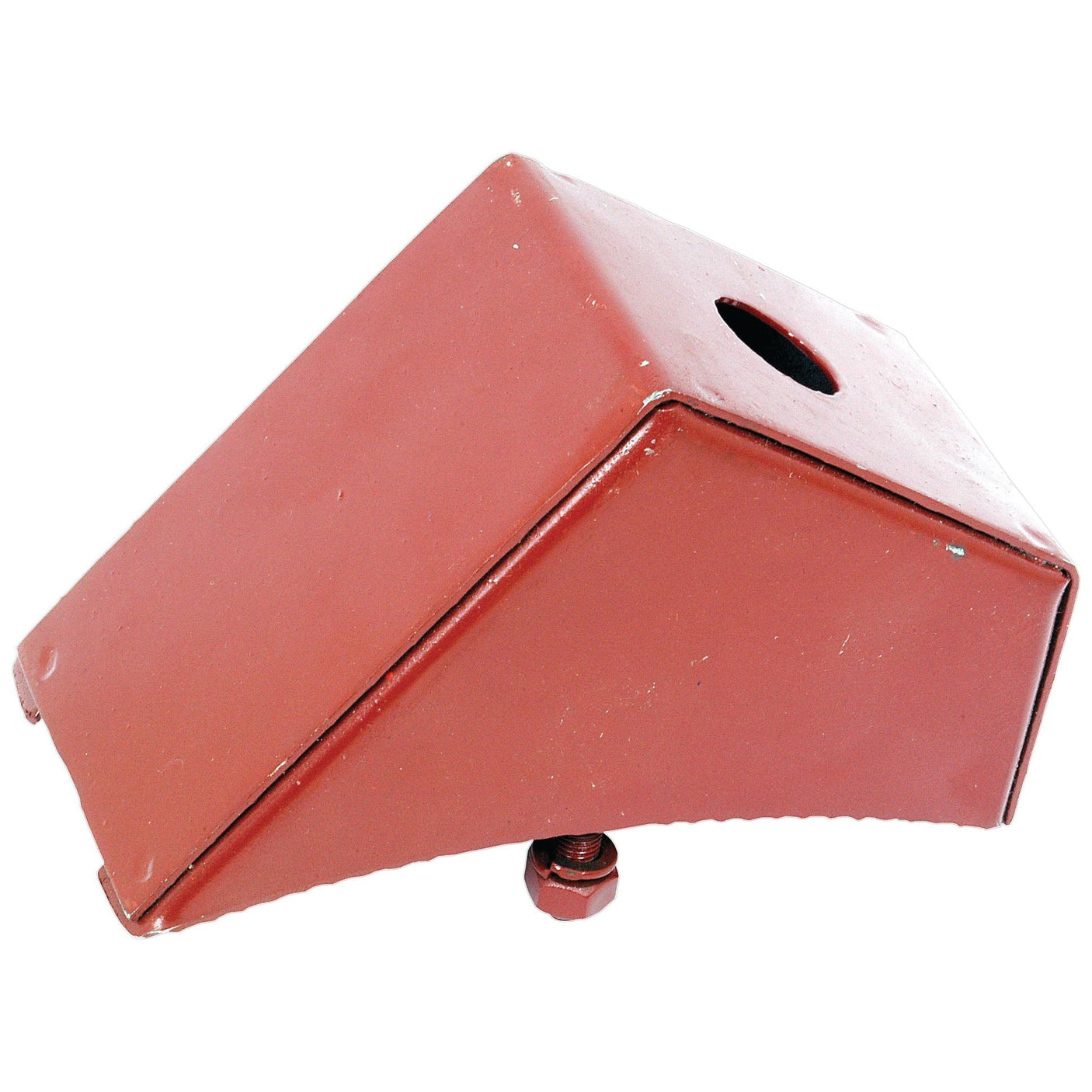 Introducing the Sparex Side Light Bracket (Sparex Part No.S.43107), a red metal bracket with a triangular shape, designed with one bolt on the bottom and a circular hole on the top—perfect for use with your Massey Ferguson equipment.