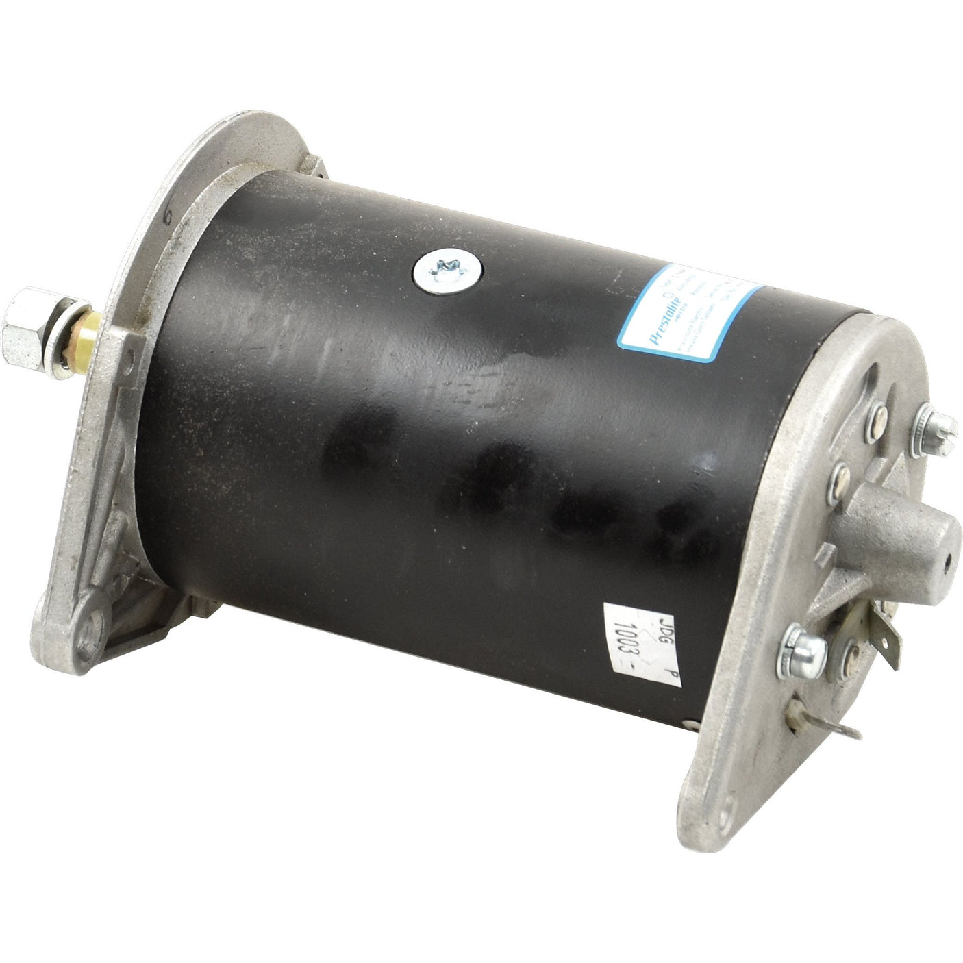 The Dynamo 11 Amps motor by Sparex (Part No. S.43109) features a cylindrical black metal body and comes equipped with a silver mounting bracket at the base. It meticulously includes various screws and connectors for optimal performance.