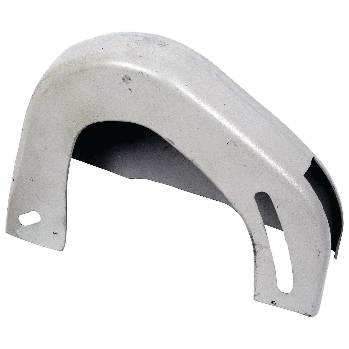 The Dynamo Guard, also known as Sparex Part No. S.43119, is a metal motorcycle fender with a curved shape and two mounting holes on each side, reminiscent of the robust designs from Sparex. The fender appears unpainted or in a raw metal state, showing signs of minor surface wear.