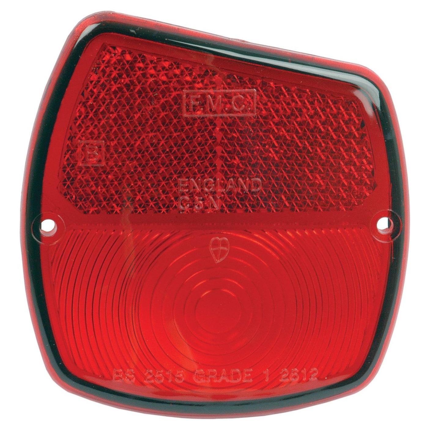 A Sparex replacement lens, fitting models S.66735 and S.43145, featuring a red, triangular polycarbonate design with embossed lettering "EMC," "ENGLAND," and "BS 2515 GRADE 1 2612," ideal for use as a rear-left bicycle reflector.