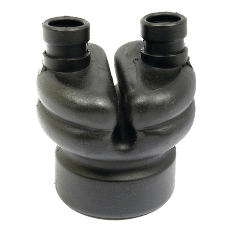 A black, coupler-looking mechanical component with a Y-shaped design and two cylindrical openings at the top, reminiscent of those found on Landini 6030 tractors. This is the Rubber Boot for Gear Lever (Sparex Part No.S.43147) from Sparex.