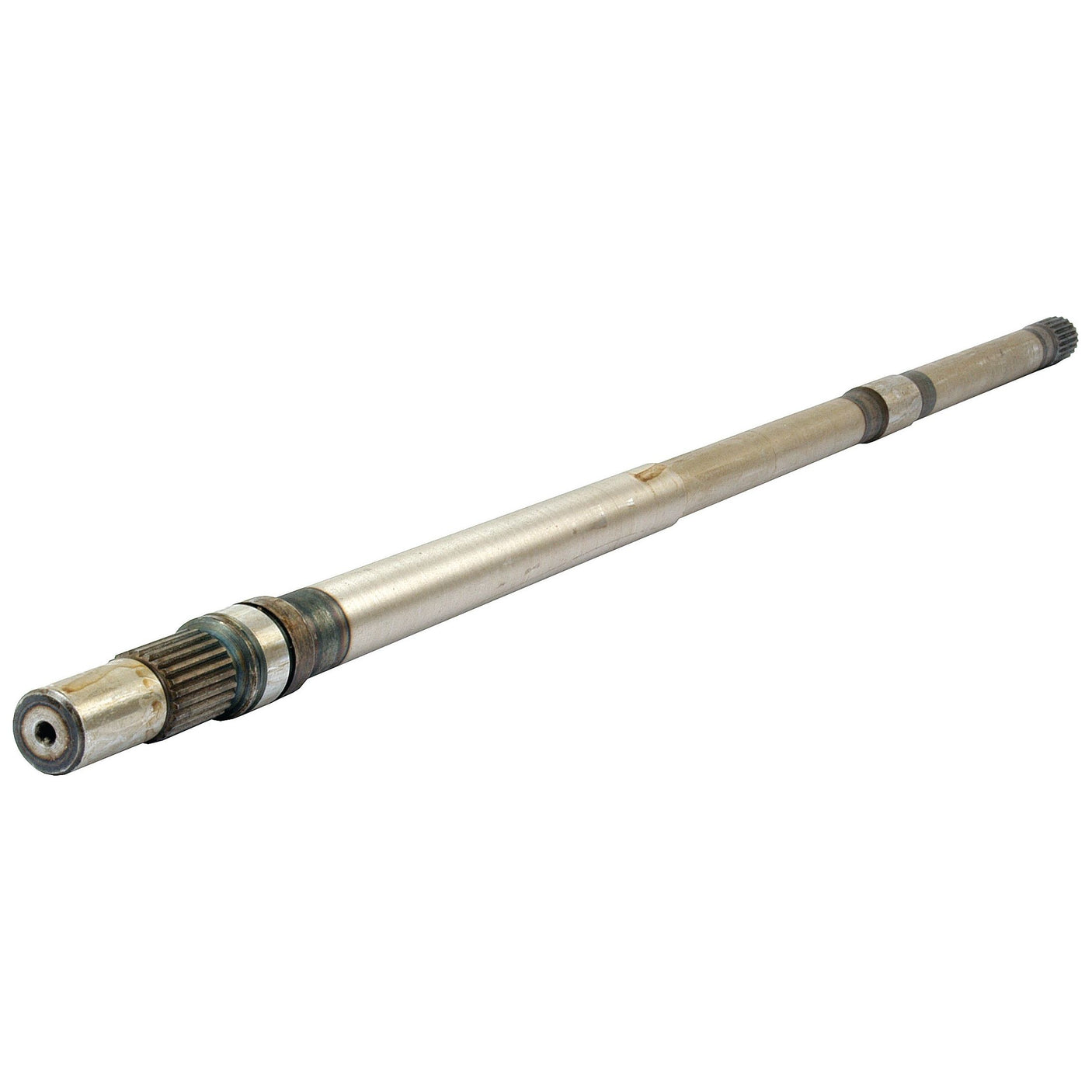 The PTO Shaft - S.43158 by Sparex is a metal shaft featuring gear-like splines at one end, circular grooves, and a smooth cylindrical body, designed for use in machinery or automotive applications.