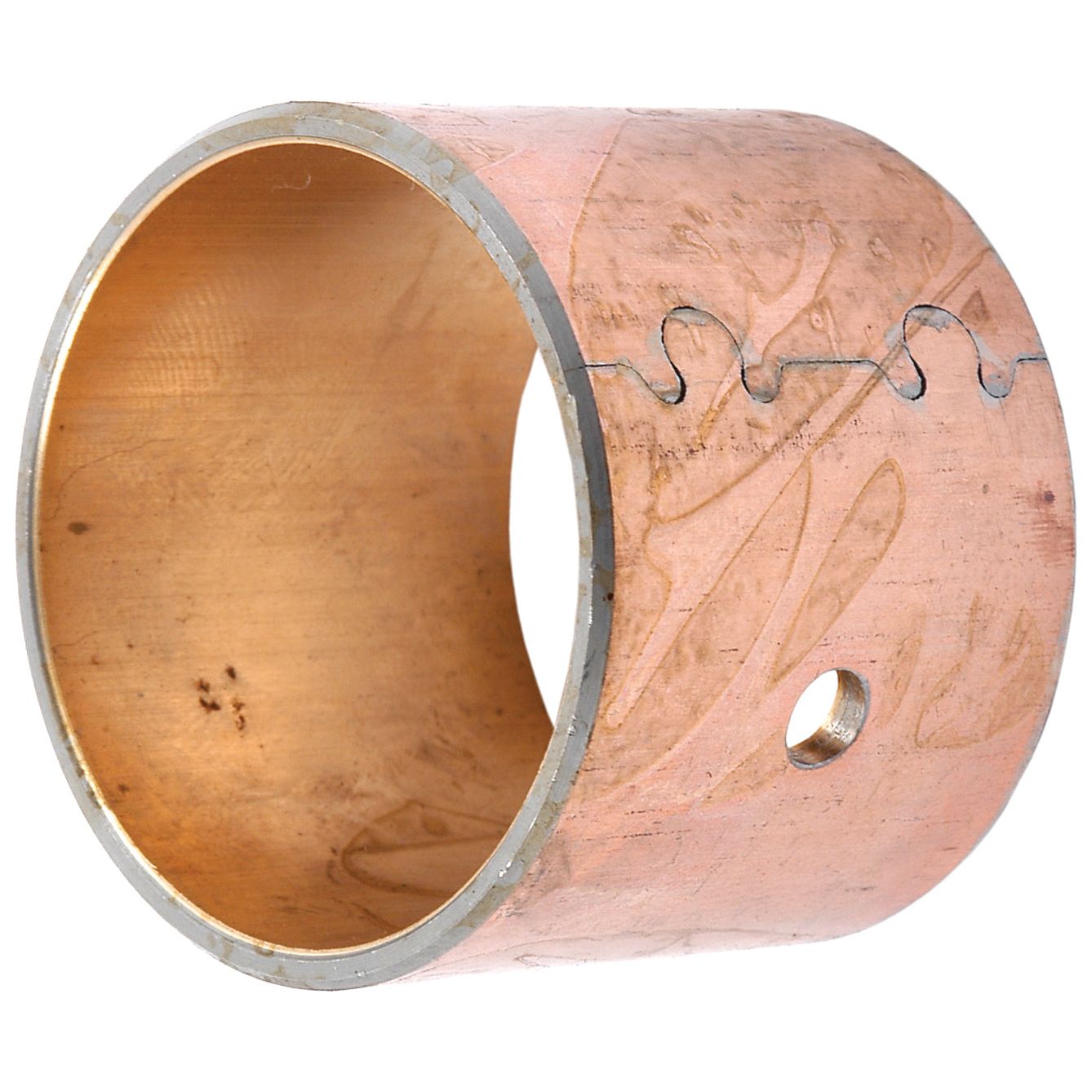 Close-up of the Small End Bush - ID: 39mm (Sparex Part No. S.43161) featuring a cylindrical copper design with an engraved pattern and a small hole near the base, compatible with Sparex parts.