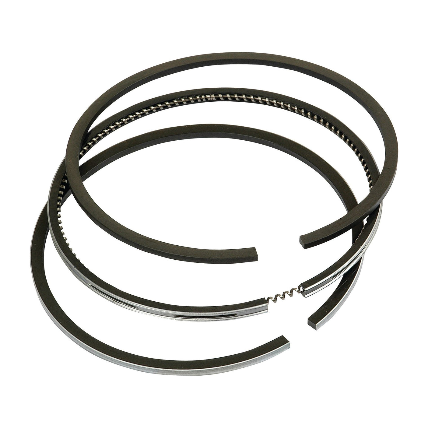 A set of three metal Sparex Piston Rings (Sparex Part No. S.43175), designed for the Perkins 1006-6T engine, featuring one with a small spring inside. The rings are slightly separated and arranged in a staggered manner.