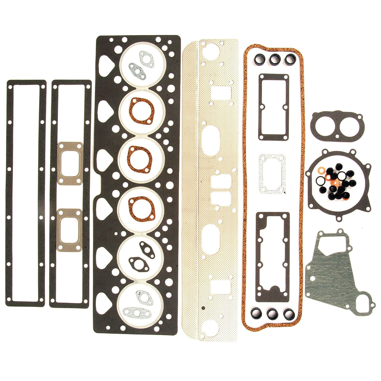 Various automotive engine gaskets and seals arranged on a white background, featuring the Sparex Top Gasket Set - 6 Cyl. (AT6-354-4) | Sparex Part No.S.43180, including head gaskets, valve cover gaskets, and other sealing components ideal for Massey Ferguson models.
