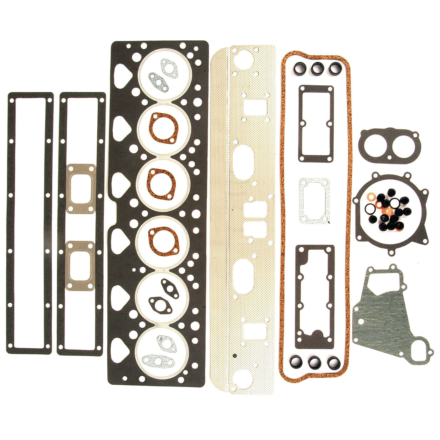 Various automotive engine gaskets and seals arranged on a white background, featuring the Sparex Top Gasket Set - 6 Cyl. (AT6-354-4) | Sparex Part No.S.43180, including head gaskets, valve cover gaskets, and other sealing components ideal for Massey Ferguson models.