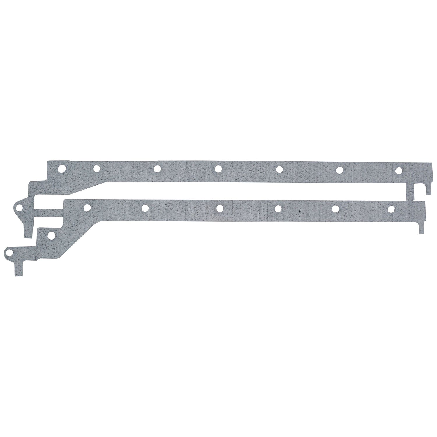 Two metallic brackets with multiple holes are aligned horizontally against a white background, reminiscent of components you'd find in a Massey Ferguson tractor or near the S.43182 Sump Gasket for 4-cylinder engines (AD4.203, A4.192) from Sparex.