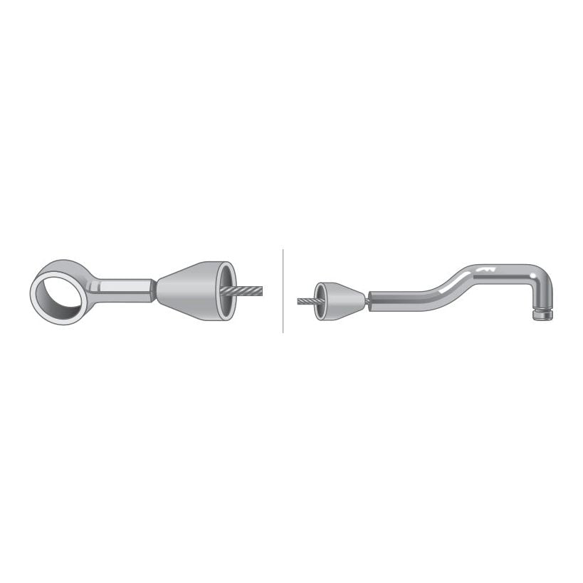 Illustration showing two views of a metal mechanical component, similar to the Sparex Hand Throttle Cable (Sparex Part No. S.43195), with a length of 944mm and an outer cable length of 667mm, featuring a circular opening on one end and a threaded section on the other.