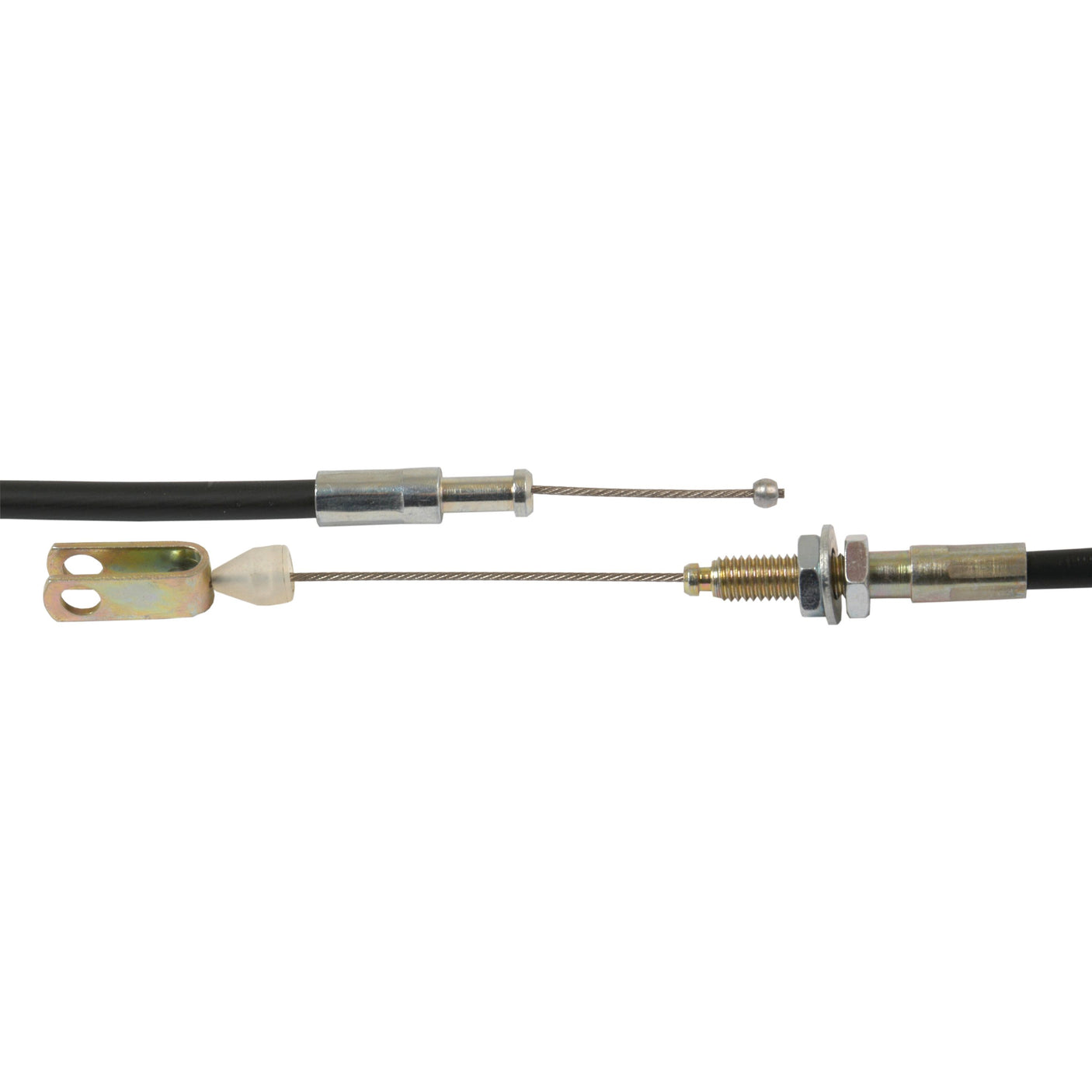 An automotive clutch cable with metal fittings on both ends, partially extended and positioned against a plain white background, reminiscent of the Sparex Hand Throttle Cable for Massey Ferguson (Sparex Part No. S.43196), measuring 845mm in length with an outer cable length of 735mm.