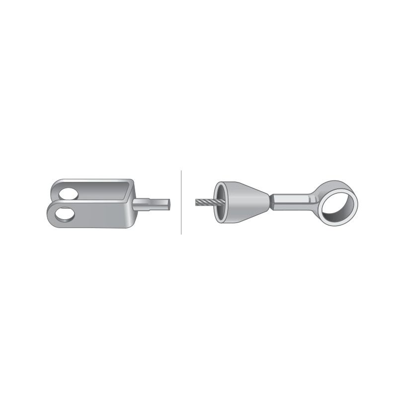 Two mechanical parts with screw threads: one part has a U-shaped bracket with holes, and the other part has a circular loop and a threaded stem. This setup is perfect for use in Massey Ferguson machinery. Product details include the Foot Throttle Cable from Sparex (Part No. S.43200) with an overall length of 1260mm and an outer cable length of 1108mm.
