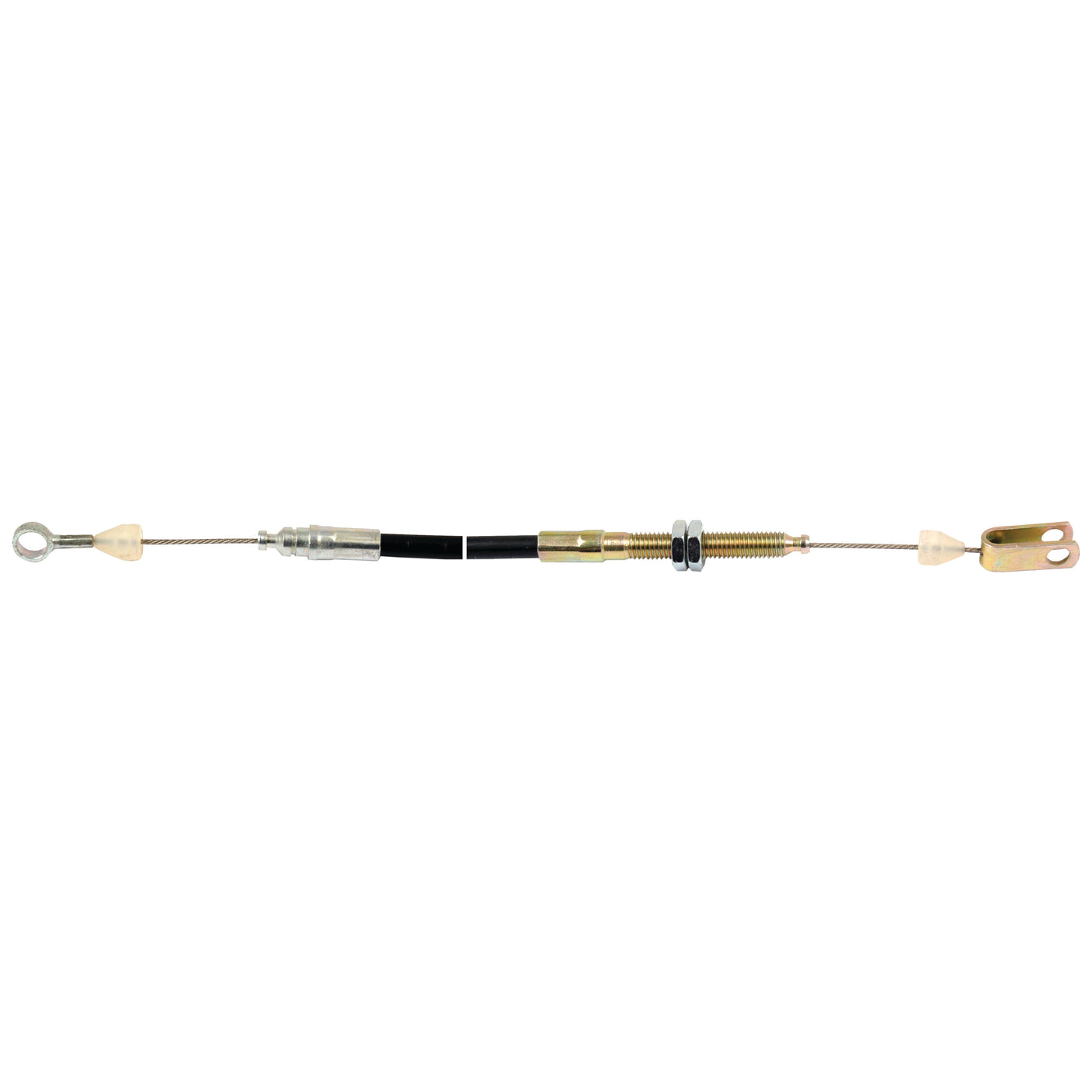 The Sparex Foot Throttle Cable (Sparex Part No. S.43200) features a 1260mm length with a 1108mm outer cable, metal connectors, and a spring-like section in the middle. It has eyelets and threaded ends on either side, making it ideal for various applications including Massey Ferguson equipment.