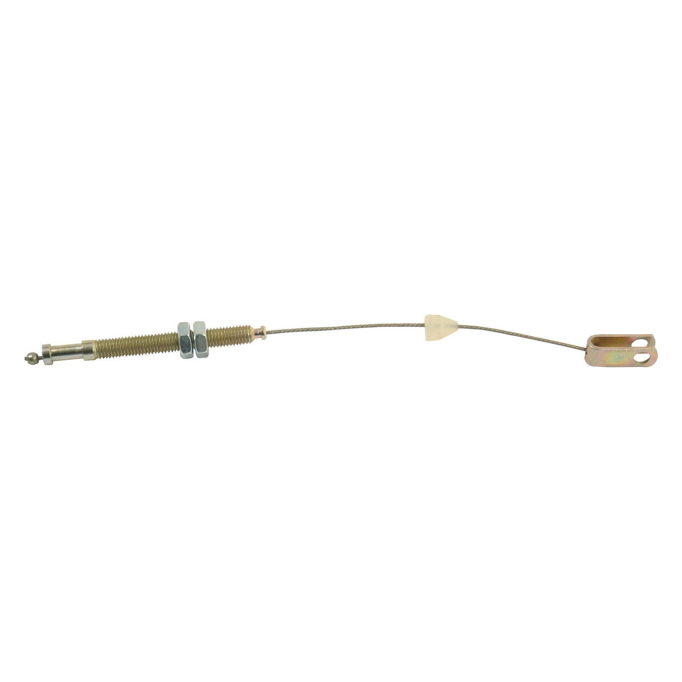 A Sparex Throttle Cable (Sparex Part No. S.43205) with a length of 235mm, featuring an outer cable length, includes a threaded adjuster, two securing nuts, and metal fittings at each end, designed for linkage or control purposes in Massey Ferguson tractors.