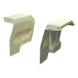 Two beige plastic automotive parts, viewed from different angles. Each part features a rectangular cut-out and detailed molding, perfect for Massey Ferguson models. These components are part number S.43222 in the Sparex catalog, labeled as Fender Set (RH & LH).