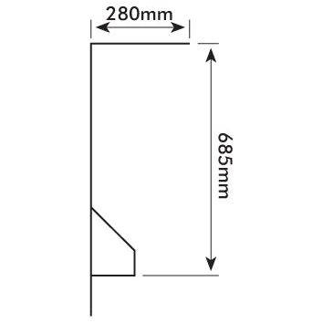 Diagram showing a right-angled geometric shape with measurements: 280mm width and 685mm height, compatible with Massey Ferguson models. Product Name: Fender Set (RH & LH) | Sparex Part No.S.43222 from Sparex.