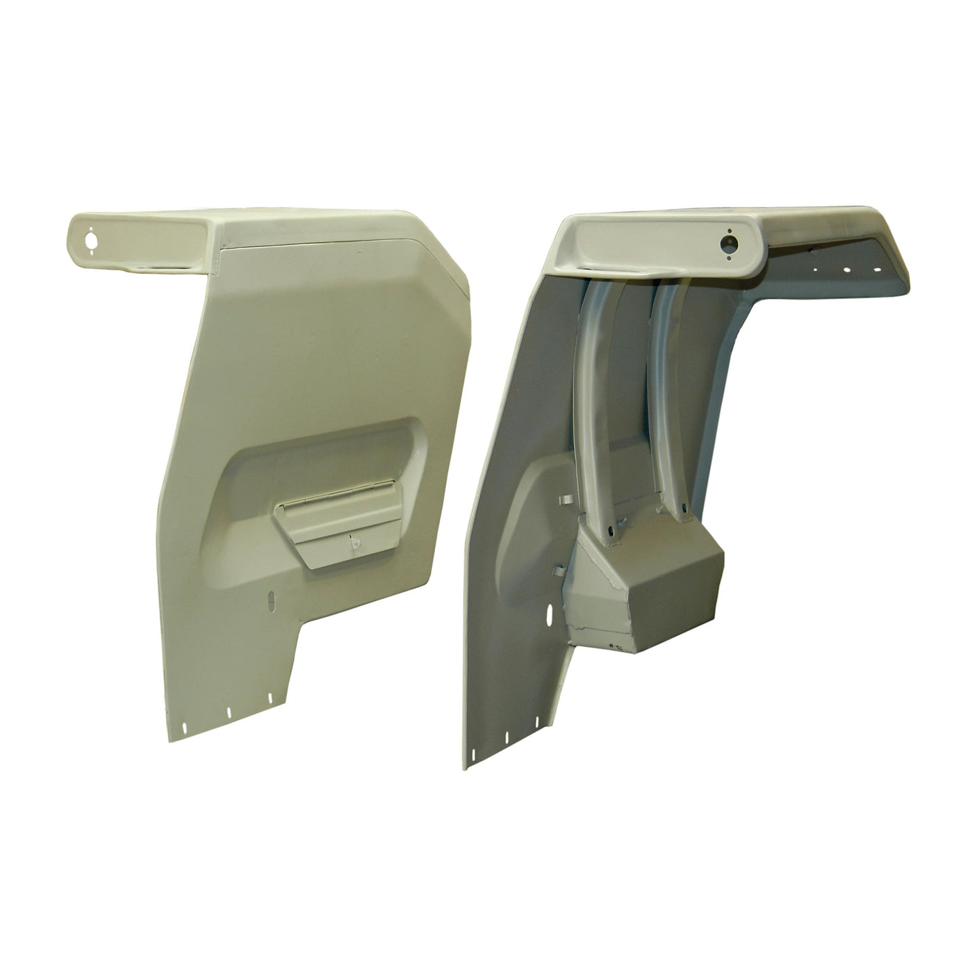 The Fender Set (RH & LH) Sparex Part No.S.43223, compatible with Landini and Massey Ferguson models, is depicted in beige from various angles against a plain white background to highlight their shape and structure. This high-quality product by Sparex ensures reliability for your agricultural machinery.