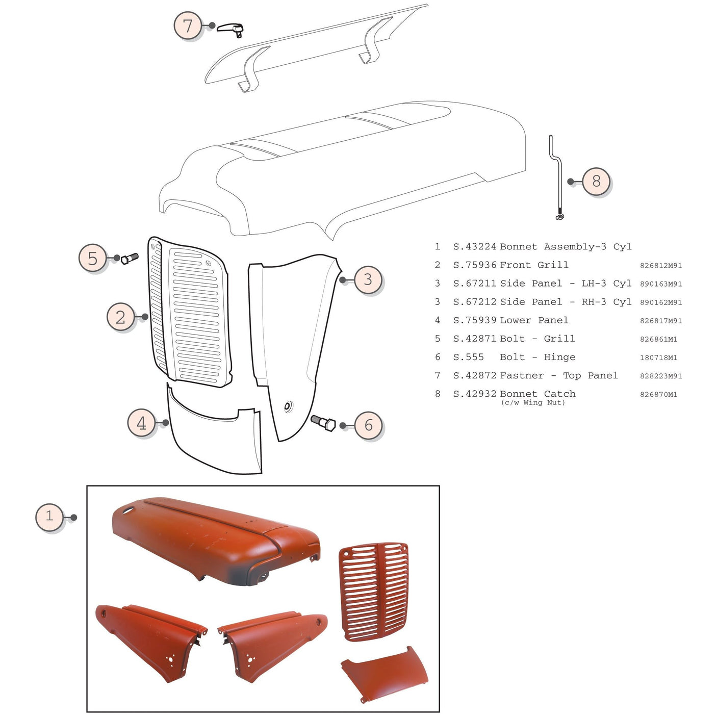 Diagram showing parts of the Bonnet Assembly (Sparex Part No. S.43224) for a 3-cylinder vehicle. Labeled parts include the bonnet, front grill, side panels, bolts, hinge, fastener, bonnet catch, and spoiler. Ideal for those working on Massey Ferguson models or sourcing parts from Sparex.