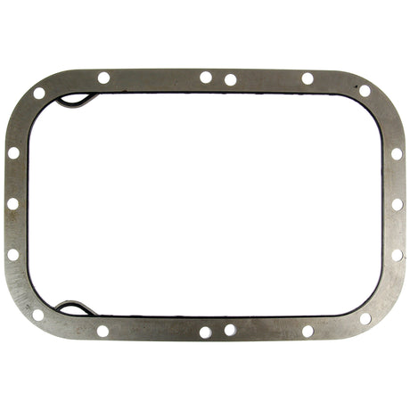 A rectangular metal Transmission Housing Gasket with rounded corners and multiple bolt holes around its perimeter, designed for Massey Ferguson transmission housing, against a plain white background. This product is Sparex Part No. S.43225 from the brand Sparex.