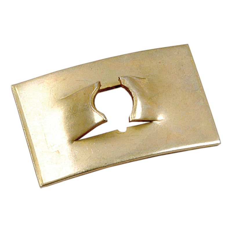 The Bonnet Hinge (Sparex Part No. S.43240) is a brass, rectangular plate with a central, irregular cut-out section, compatible with Sparex machinery and Massey Ferguson equipment.