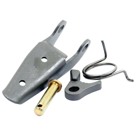 The image shows a gray metal bracket with two holes, a gold-colored pin, a small gray metal component, and a coiled metal spring. This appears to be part of the Brake Pedal Latch Kit (Sparex Part No. S.43249) compatible with Massey Ferguson models from Sparex.