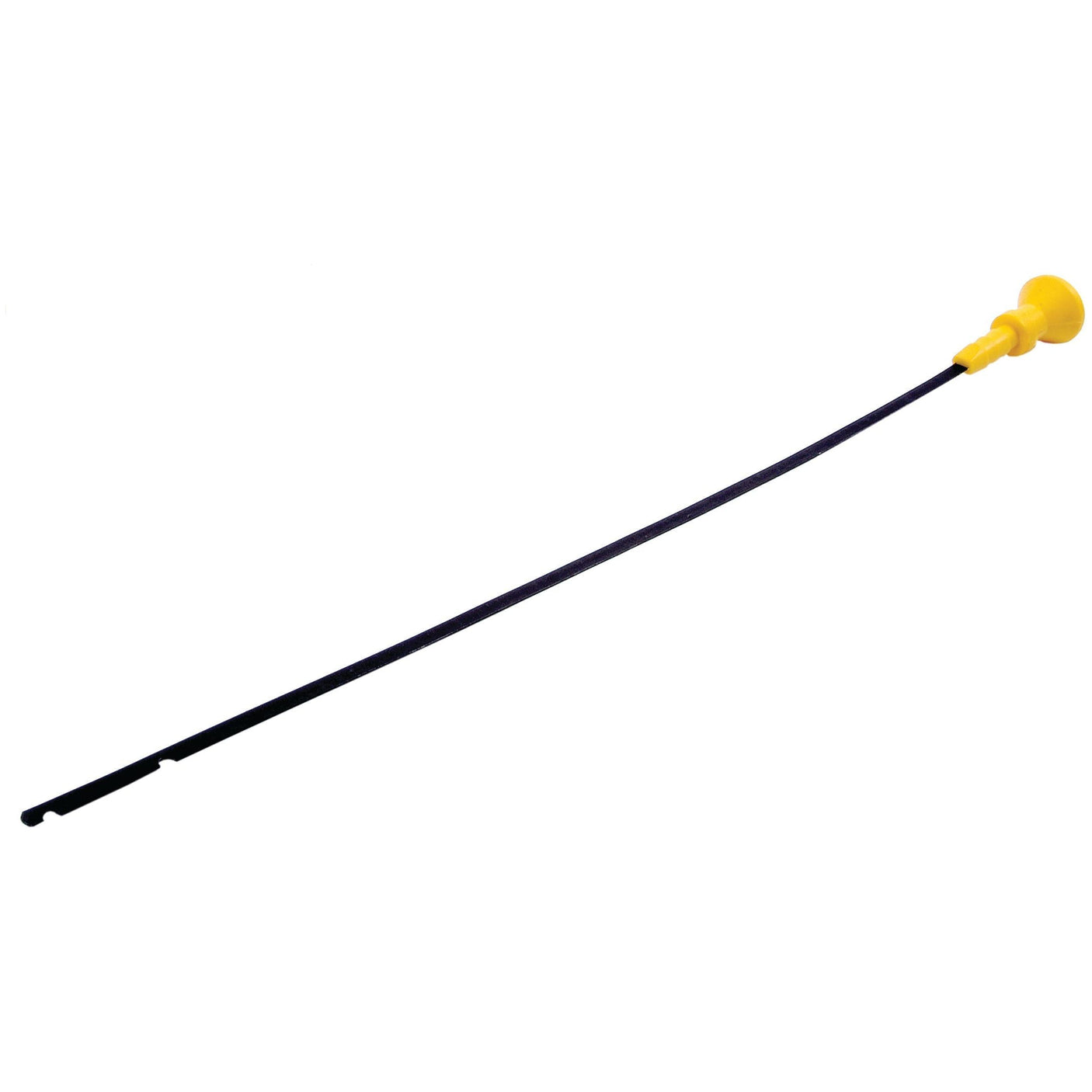 The Sparex Dipstick - S.43254 is a long, slender black cable with a yellow handle and hook at one end, commonly used for checking oil levels in engines. This latest version features a durable plastic knob for easy handling.