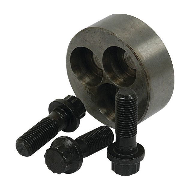 The Crankshaft Pulley Retaining Kit (Sparex Part No. S.43256) by Sparex is displayed, featuring a metal adapter plate with three holes and accompanied by three black hexagonal-head bolts, all set against a white background. This kit is compatible with Landini and Massey Ferguson models.