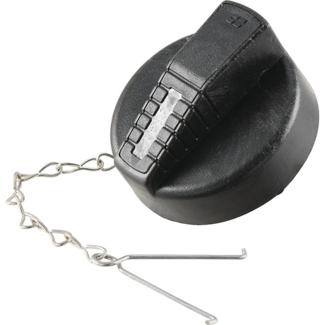 A vented black gas cap, featuring an attached metal chain and a metal clip, compatible with Sparex equipment. Product Name: Fuel Cap - S.43259 from Sparex.