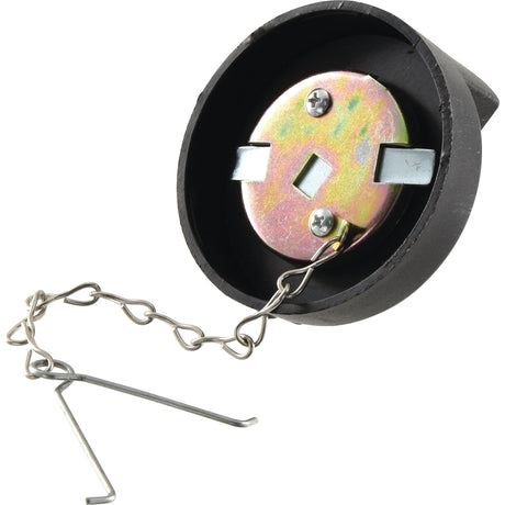 The Fuel Cap - S.43259 by Sparex is a black, circular cap equipped with an attached chain and metal key, featuring a plastic threaded design for secure closure.