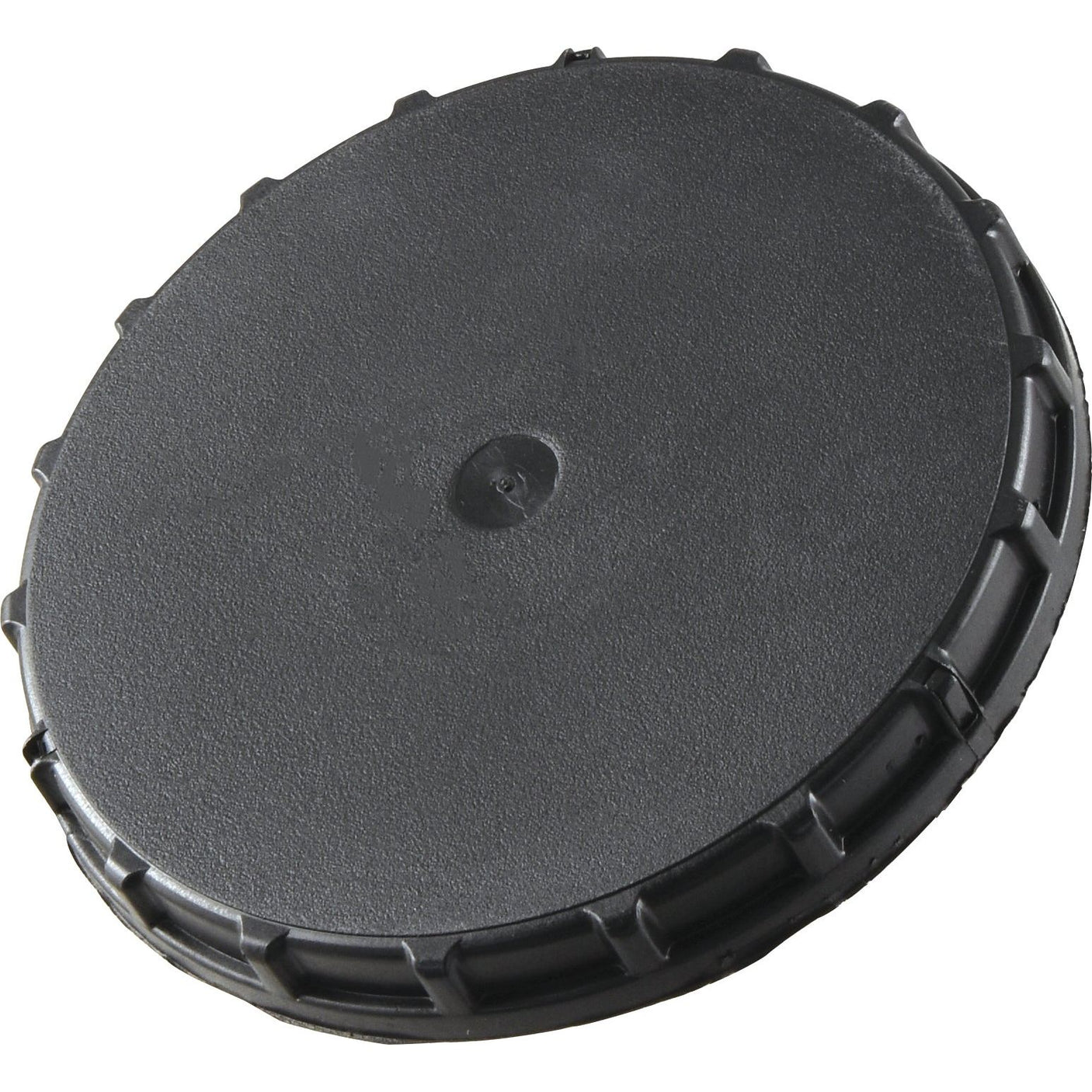 The Fuel Cap - S.43260 by Sparex is a black plastic round lid with a textured surface, featuring a small raised knob in the center. This vented bayonet lid has a grooved edge for secure fitting.