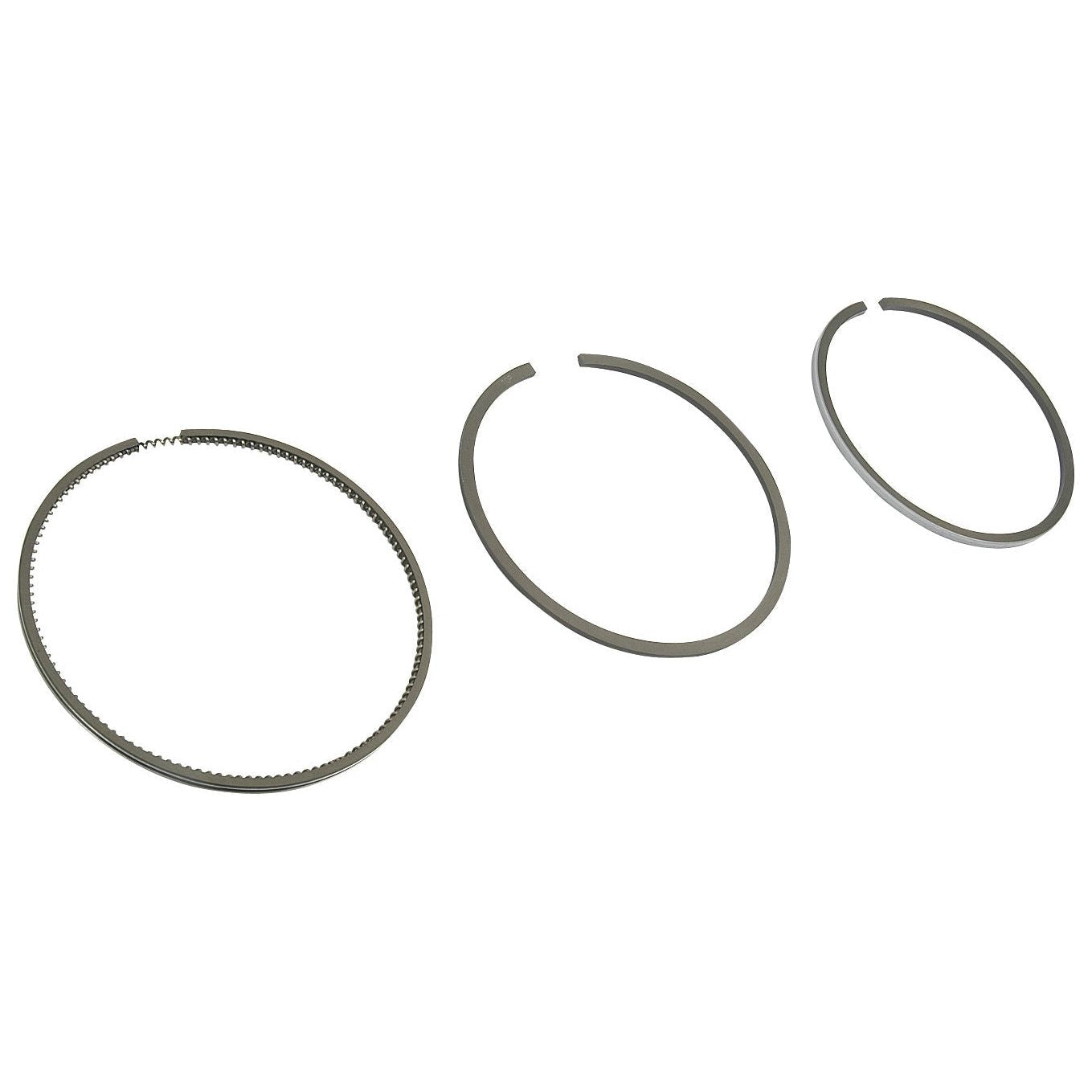 Three metal piston rings of varying sizes and designs, including a Sparex Piston Ring (Part No. S.43267), are displayed on a plain white background.