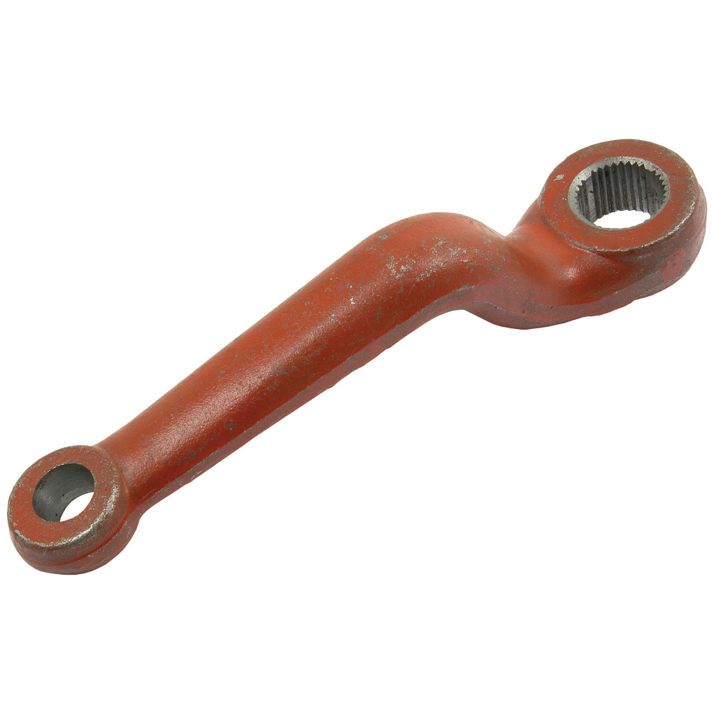 The Sparex Drop Arm (2WD), part number S.43285, is a red metal lever with an angled design for Massey Ferguson machinery. It features two circular holes at each end, with one of the holes containing an internal gear-like structure.