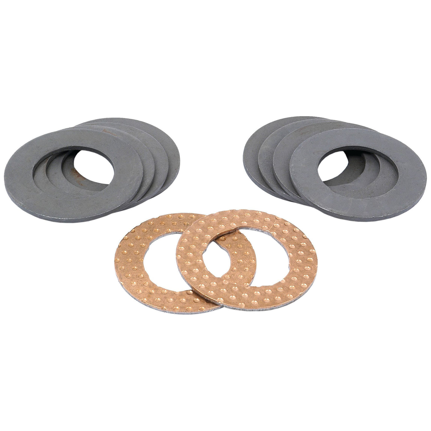 Two stacks of gray metal washers and two tan, textured washers from the Sparex Thrust Washer Kit - Axle Spindle (Sparex Part No.S.43292) are arranged on a white background.