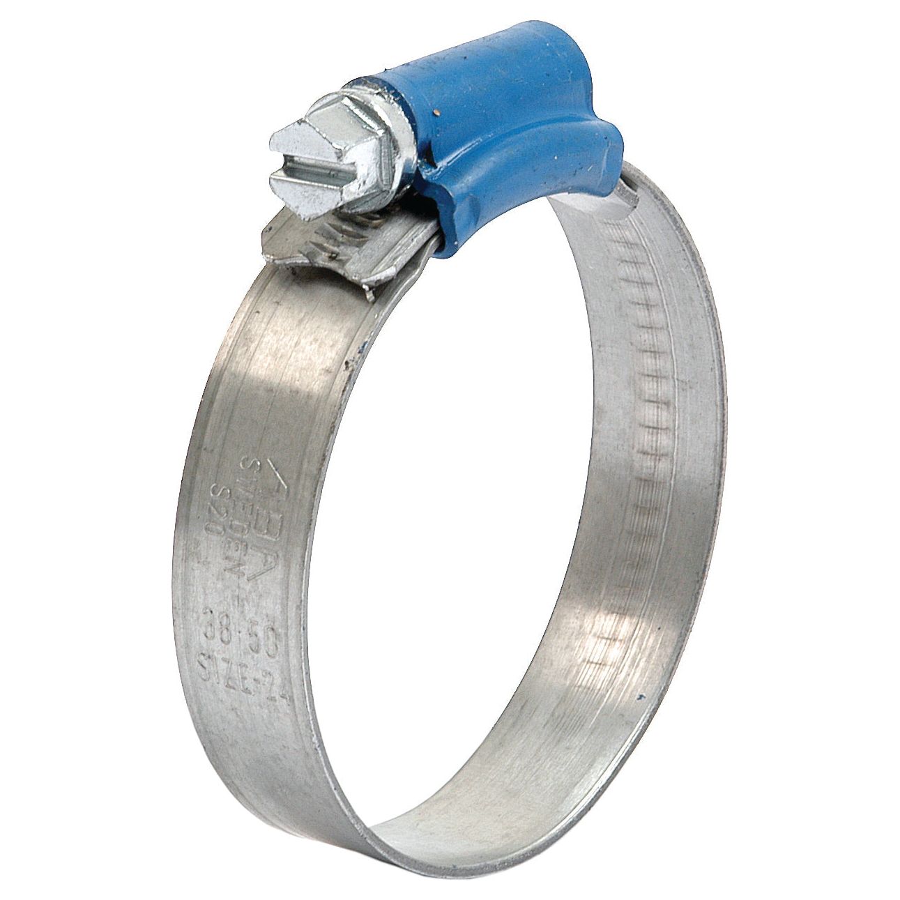 Close-up of a Sparex Hose Clip (Min Ø38mm, Max. Ø50mm, Part No. S.4330) made from galvanized steel, featuring a blue screw adjustment mechanism.