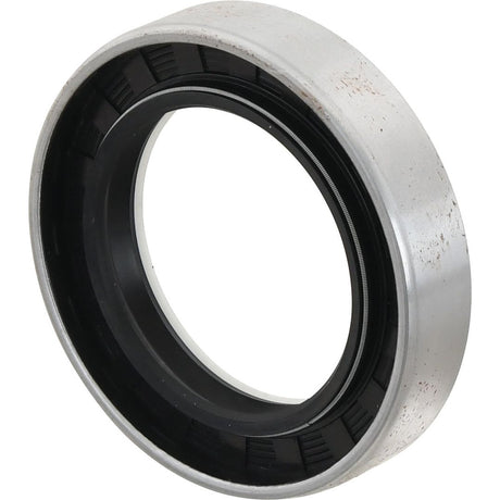 Close-up of a metal bearing with an inner black rubber seal, resembling the Sparex Metric Rotary Shaft Seal (55 x 82 x 16.5mm, Part No. S.43314). The bearing has a smooth outer surface and slight signs of wear, making it ideal for Landini tractors and compatible with Sparex equipment.