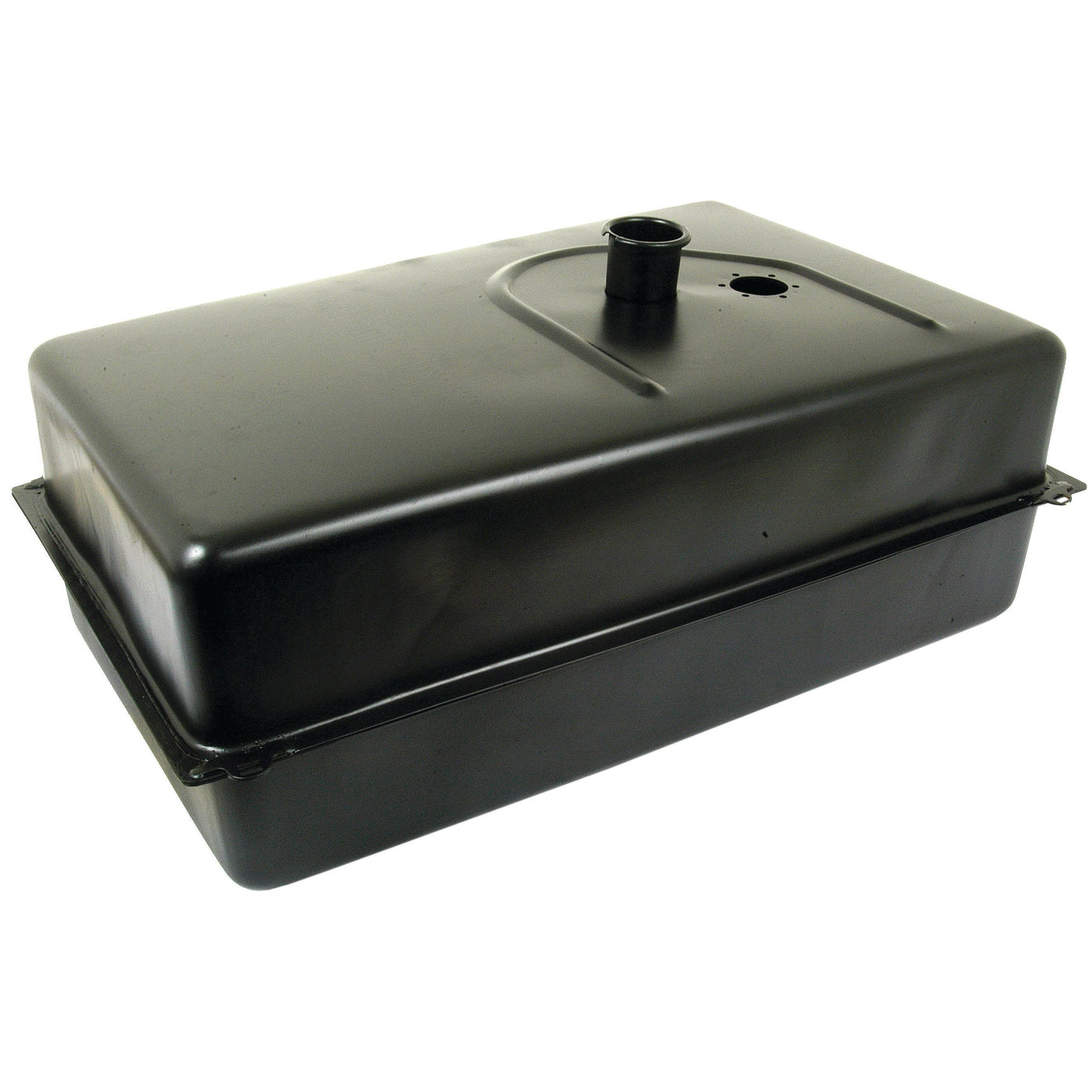 A Sparex Fuel Tank (Part No. S.43325) is a black metal rectangular gasoline tank with a short neck for the fuel cap, specifically designed to fit agricultural equipment such as Landini or Massey Ferguson tractors.