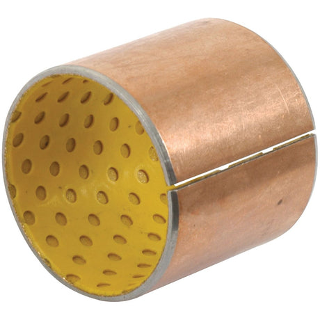 A cylindrical metal bushing with a split side and an interior yellow lining dotted with holes, compatible with Massey Ferguson machines. Product Name: Bush | Sparex Part No.S.43333 by Sparex.