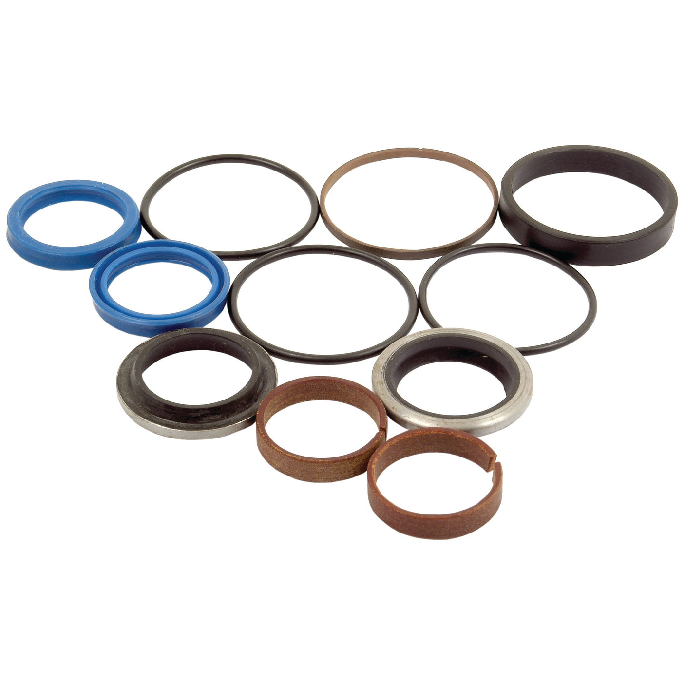 The Seal Kit (Steering Cylinder - 4WD) from Sparex, identified as Sparex Part No. S.43344, includes assorted O-rings and sealing rings of varying sizes and colors, which are essential for 4WD or Massey Ferguson steering cylinders, displayed together on a white background.