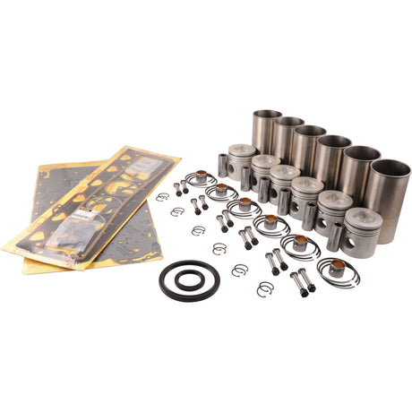 A neat arrangement of engine parts, including pistons, rings, gaskets, and other components from the Sparex Engine Overhaul Kit without Valve Train (Finished) - S.43355 for a Perkins Engine, is displayed on a white background.